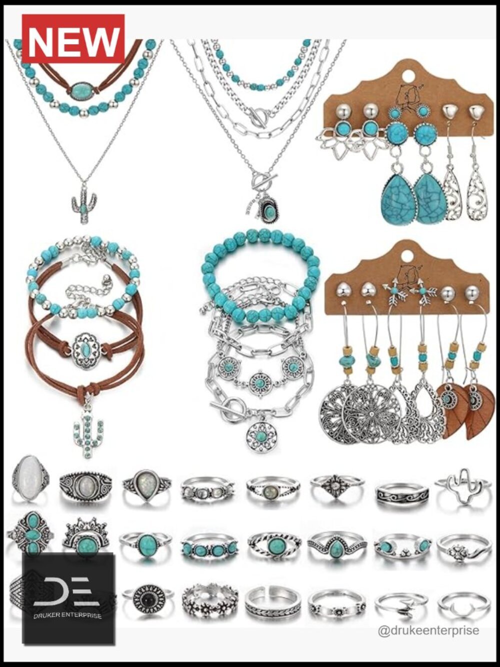 Bohemian Jewelry Set - Turquoise Necklace, Earrings, Bracelet, Rings